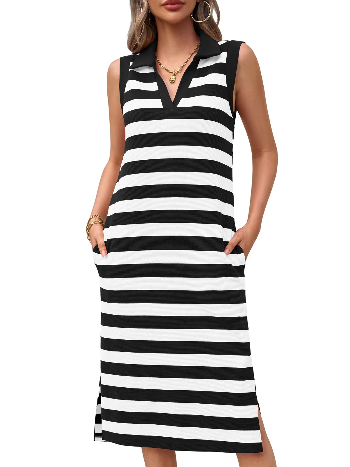 Wenrine Women's Striped Summer Dress Casual Polo V Neck Sleeveless Slit Loose Fit T Shirt Midi Dresses