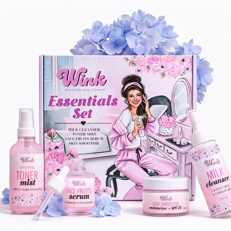 Wink Skin Care Kit for Teens | Plant-Based Facial Kit for Girls & Tweens, 4-Piece Set with Milk Cleanser, Rose Petal Toner, Face Fruit Serum & SPF Moisturizer, Mom-Approved Essential Kit for Young