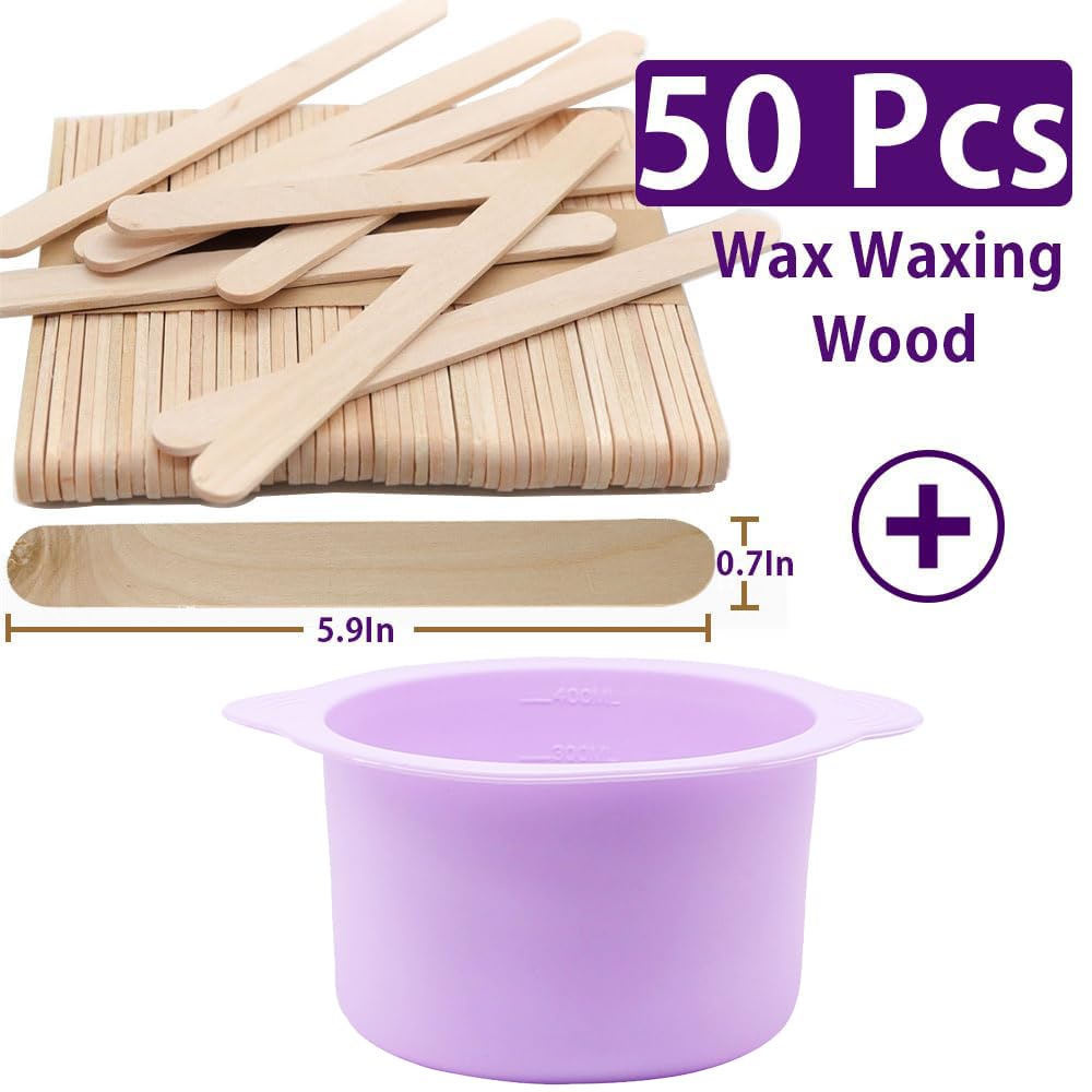 Silicone Wax pot Liner, Silicone Wax Bowl Warmer liner, Non-Stick Melt Pot Replacement, Reusable Melt Liner with 50 Pcs Waxing Sticks Body Hair Removal 14 oz (1 purple)
