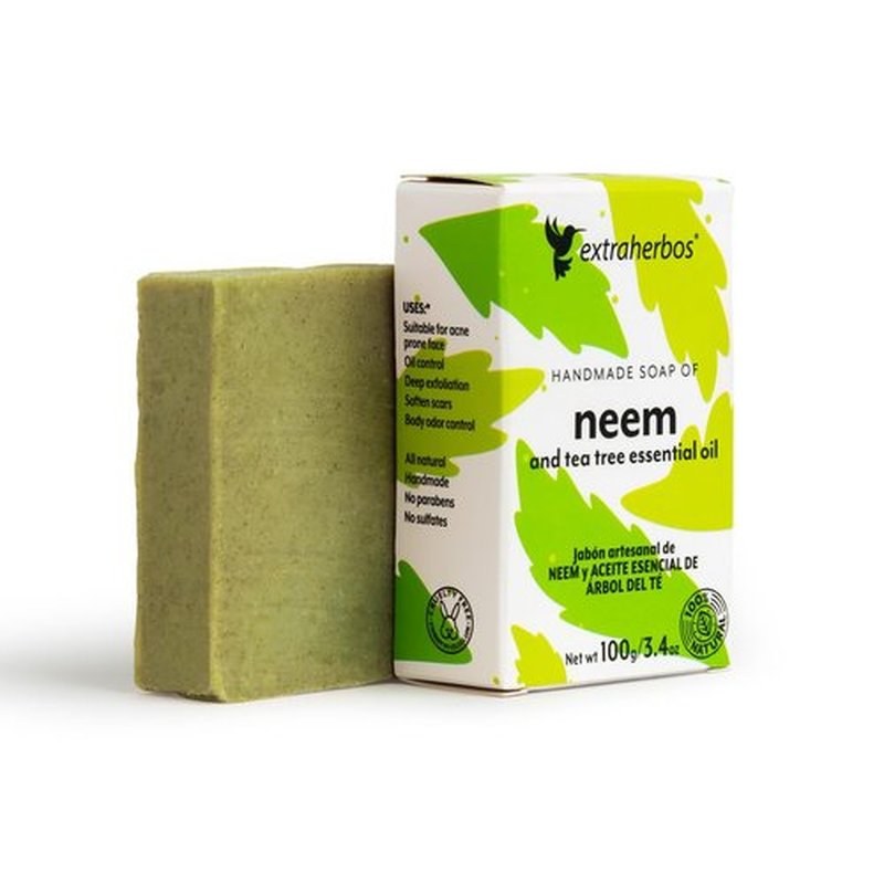 Extraherbos Handmade Neem Soap Bar - Natural Anti-Acne Face & Body with Tea Tree Oil - Organic Exfoliating Soap Bar for Oily Skin, Blemishes & Odor Control - 100g/3.4oz