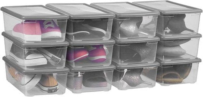 Sterilite 6 Quart Clear Storage Bins - Stackable Plastic Latching Boxes with Lids | Grey, 12 Pack