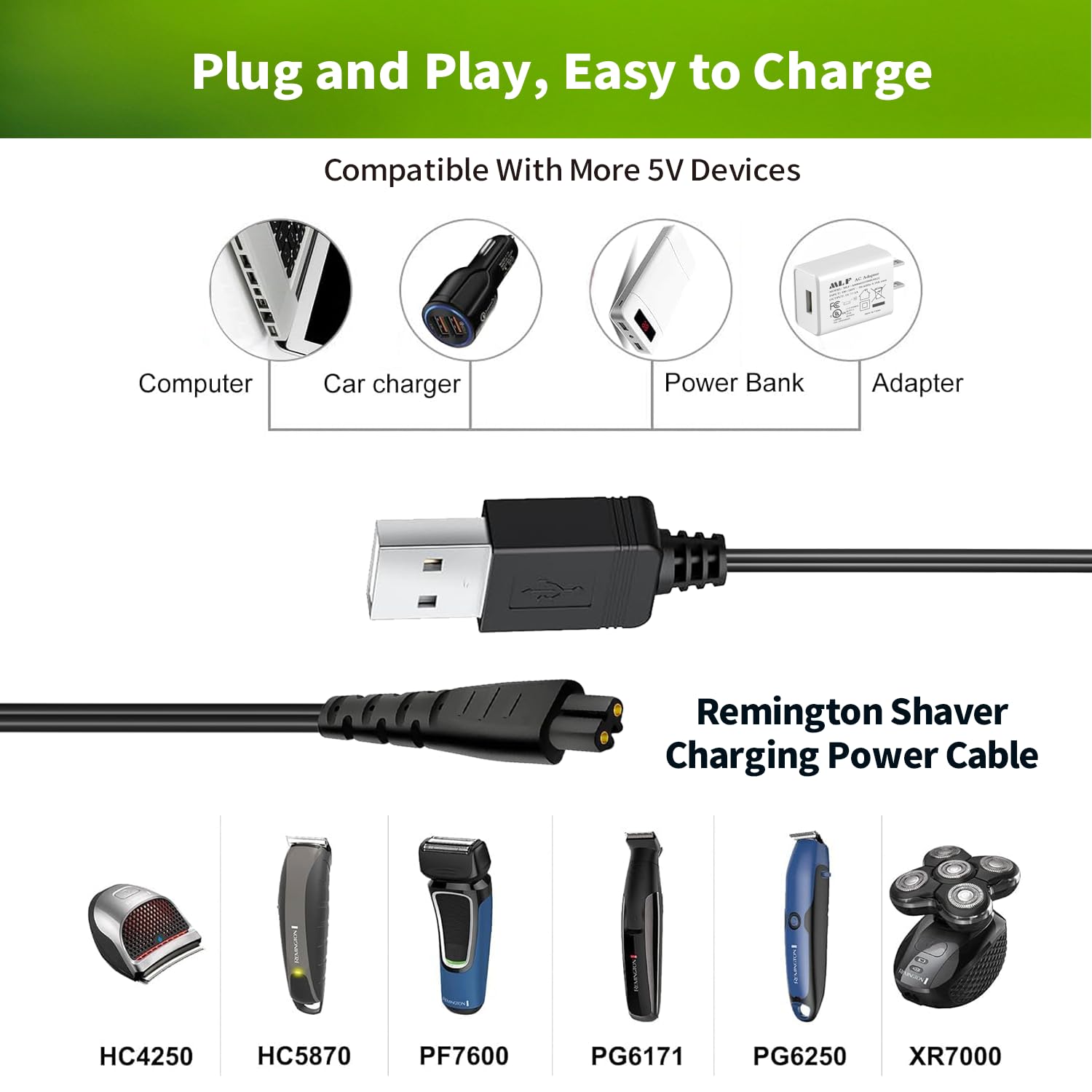 USB Charger Cord Compatible with Remington XR7000 HC4250, Remington Shaver Razor Replacement Charging Cable Power Cord