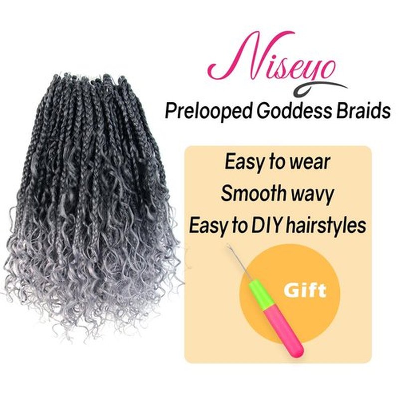 Niseyo Goddess Box Braids Crochet Hair 10 Inch 8 Packs Short Boho Style Crochet Box Braids Grey Pre Looped Curly Ends Synthetic Hair (Tgrey/Ombre Gray)