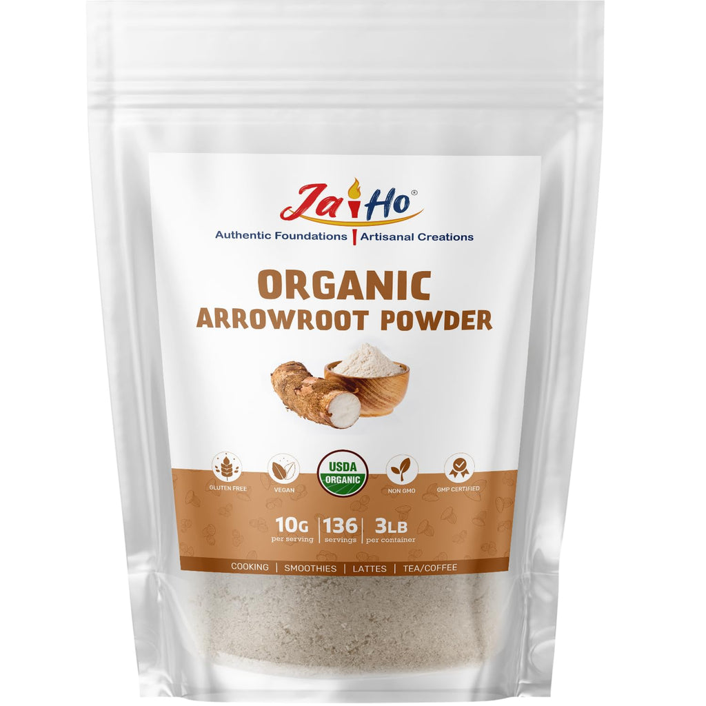 Jai Ho Certified USDA Organic Arrowroot Powder – 3 LB – Gluten-Free, Vegan, Non-GMO – Resealable Zip Lock Pouch