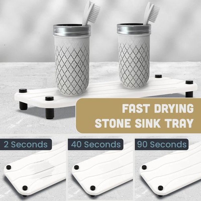 Skiennix 2pc Stone Drying Tray - Diatomite Sink Caddy & Kitchen Organizer - Water Absorbing Mat (White)
