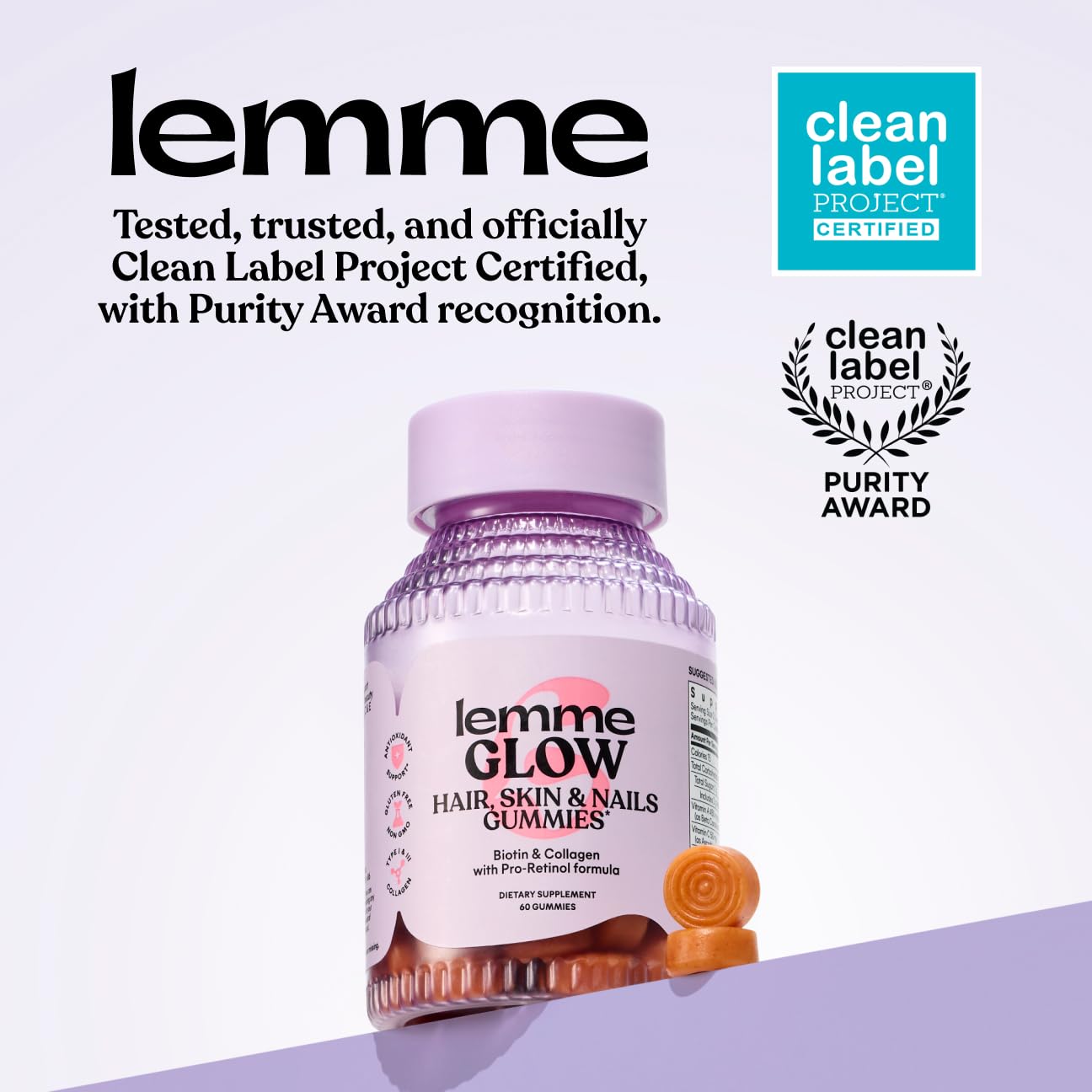Lemme Glow Collagen Gummies for Thick Hair, Strong Nails & Healthy Skin with Multi-Collagen Peptides, Biotin, Trace Minerals, Zinc, Vitamins A, C & E, Dairy & Gluten Free, Peach Flavor, 60 ct.