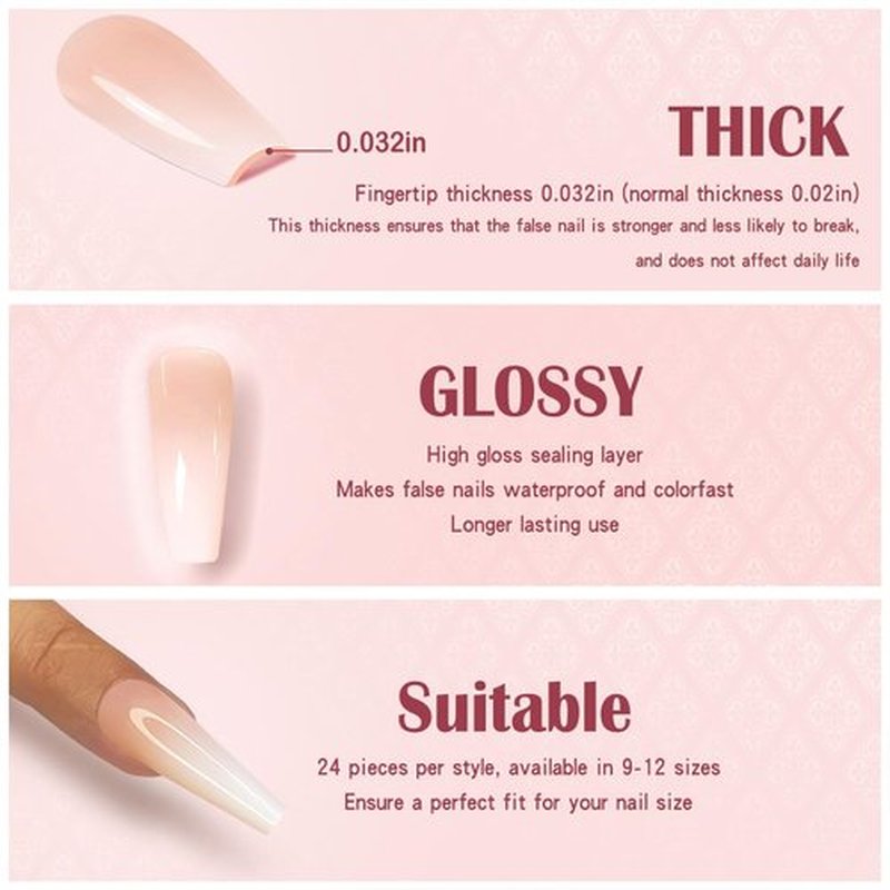 Gufonkod Pink Press on Long Coffin Bling Ballerina Acrylic Nails - 24PCS with Glue, Rhinestones, Gem Artificial Stick on Nails