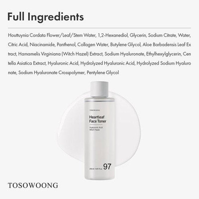 TOSOWOONG Heartleaf Face Toner with 970,200ppm Heartleaf Water, Centella, Hyaluronic Acid, Witch Hazel, Trouble Care, Acne-Prone, Calming, Hydrating, Purifying, Korean Skin Care, 250ml, 8.45 fl.oz.