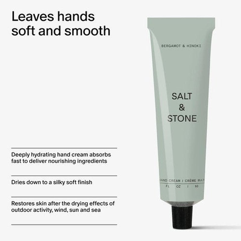 Salt & Stone Hand Cream - Hydrating & Nourishing Formula for Soft, Restored Hands | Bergamot & Hinoki, 2 fl oz