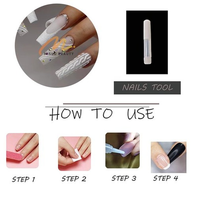 MISUD Press on Nails - Long Square Glue on Nails with White, Acrylic Wedding Bride Design 24 pcs