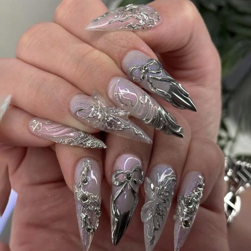 Almond Press on Nails Silver Fake Nails 3D Embossed Artificial Nail Acrylic Stick on Nail for Women 24pcs