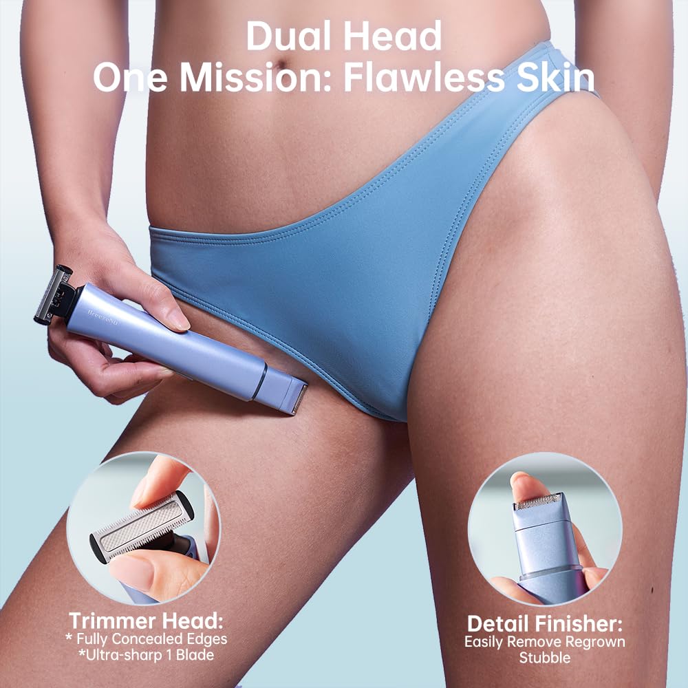 BreezeNu Bikini Trimmer for Women, 2-in-1 Painless Electric Razor with Dual Heads, IPX7 Waterproof Cordless Body & Facial Shaver for Pubic Hair, Underarms, Legs & Face, Wet & Dry (Blue)