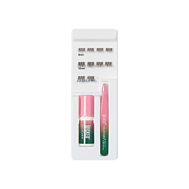 WICKED X FALSCARA False Eyelashes, Lash Extension Kit, ‘Shimmering Shine’, 10 Lash Clusters, 8mm-10mm, Natural Volume, Blue Glitter, Mini Bond, Green & Pink Mini Applicator