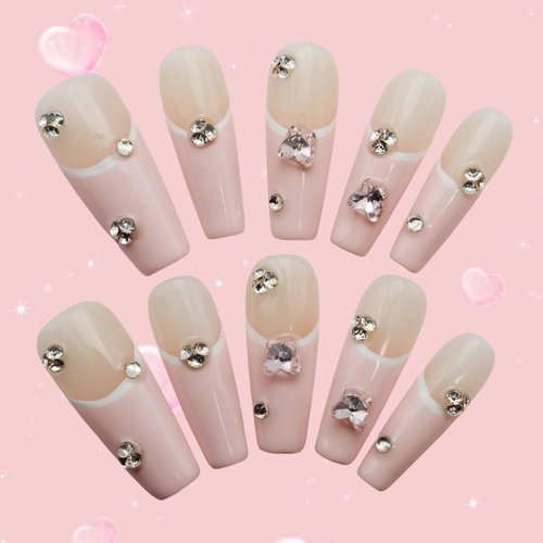Pink Handmade Press on Nails, French Tip Medium Length Coffin Fake Nails, Cute Manicure Kit with Rhinestones for Women in Spring and Summer (10 Pcs, M)