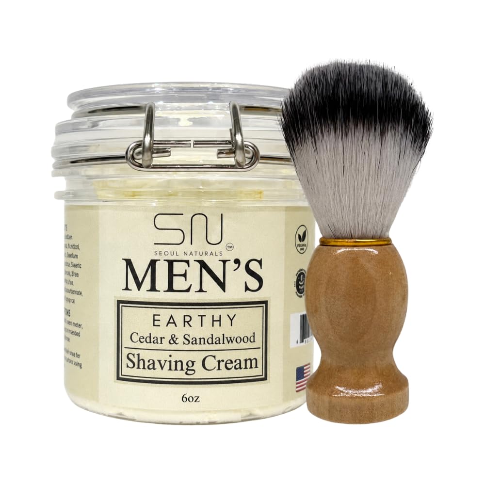 Seoul Naturals Earthy Cedarwood and Sandalwood Shaving Cream with Barber Brush, k beauty, 6 oz