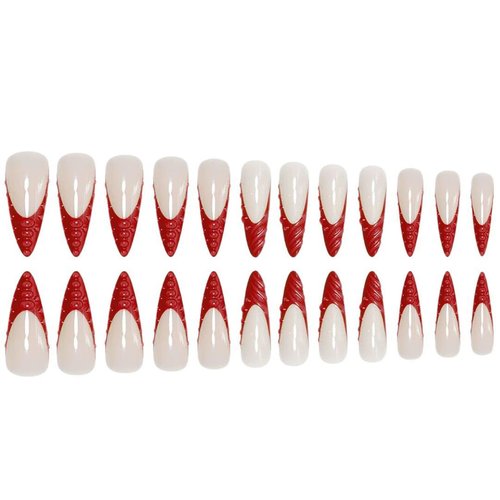 Long Press on Nails Stiletto Xl Fake Nails Red French Tips False Nails with 3D Design Nails Glossy Acrylic Nail for Women 24pcs