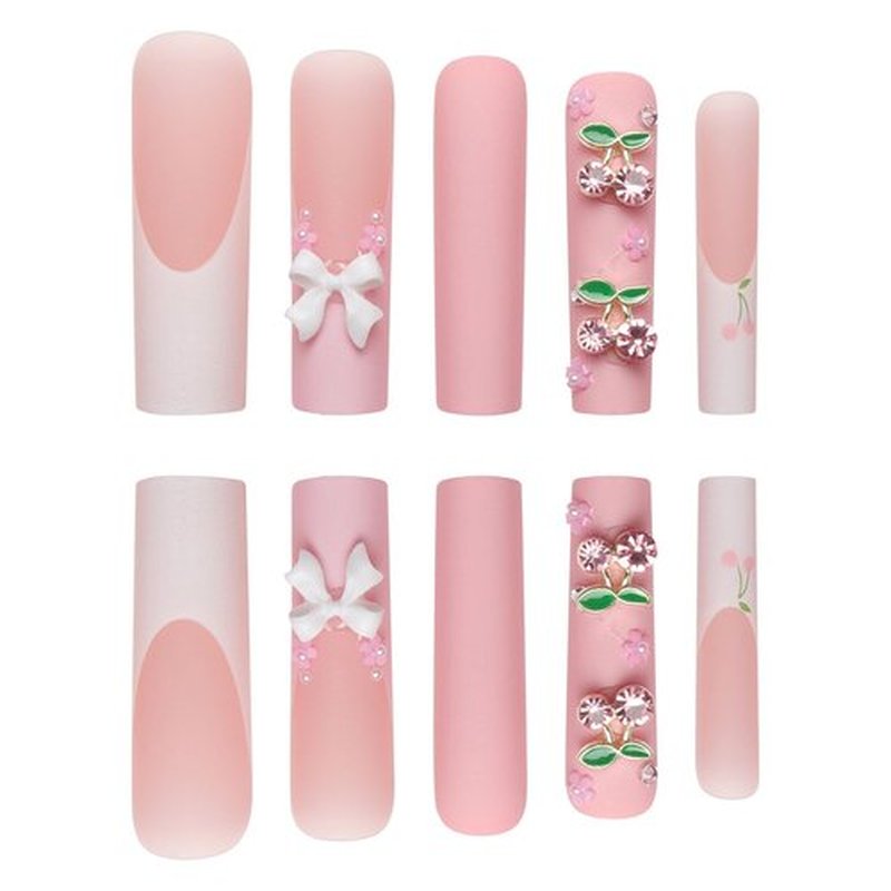 IMRAIN Press on Nails Extra Long Square Fake Nails Pink Cherry Charms False Nails with Designs French Tips Matte Full Cover Bow Flower Cute Stick on Nails for Women 24Pcs