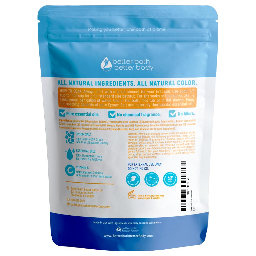 Detox Foot Soak Salts 32 Ounces with Lemon, Peppermint, Lavender Frankincense Essential Oils BPA Free Pouch with Easy Press-Lock Seal Soothe Athletes Foot, Soften Calluses, Relax Tired Feet