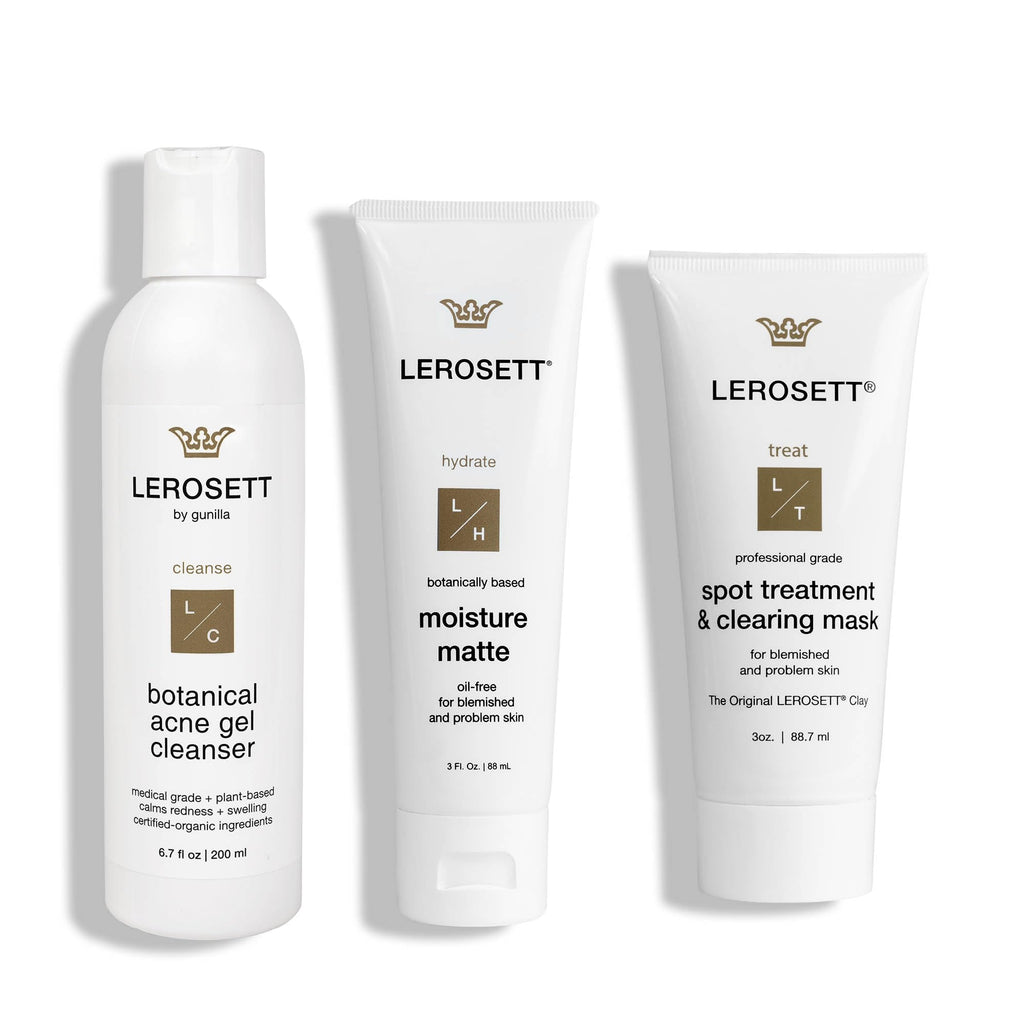 LEROSETT Acne Kit Includes Cleanser Moisturizer & Spot Treatment Mask Organic Calming Aloe & Clay Based, Clears Acne, Pimples, Blackheads & Breakouts, Vegan Acne Kit, For All Skin Types