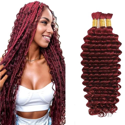 #99J Burgundy Human Braiding Hair for Boho Braids 18 18 18 Inch 150g Deep Water Bulk Human Hair Knotless Boho Braiding Deep Wave No Weft Extensions Bohemian Braids 3 Bundles/Pack Caramel