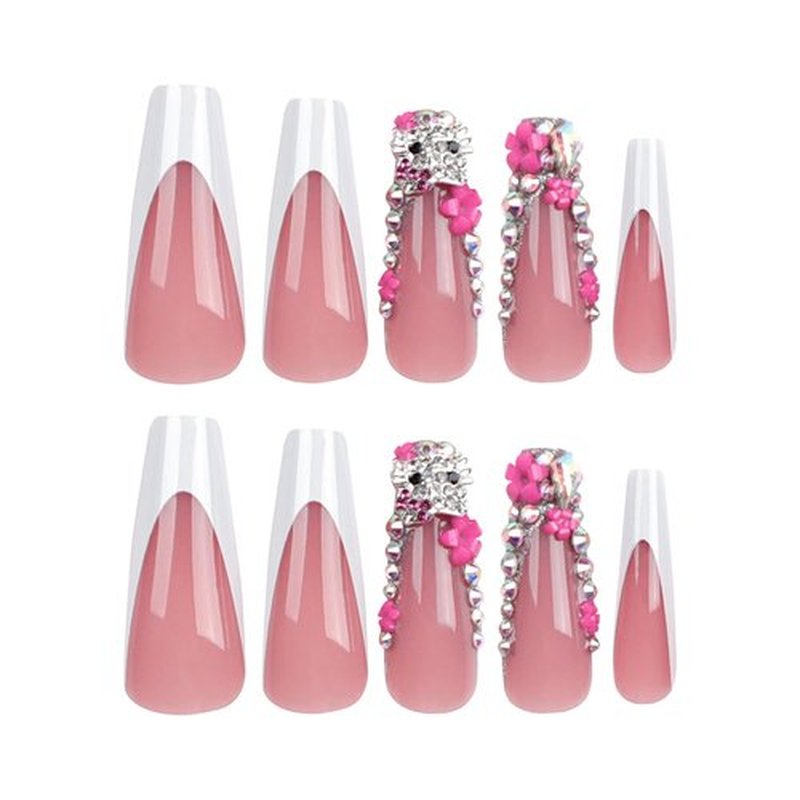 24Pcs Christmas Artifical Acrylic Nails - Reusable Coffin Gold Sequins Charm Rhinestone Design Square Fake Nails Gradient Full Cover Glue on Nails for Women