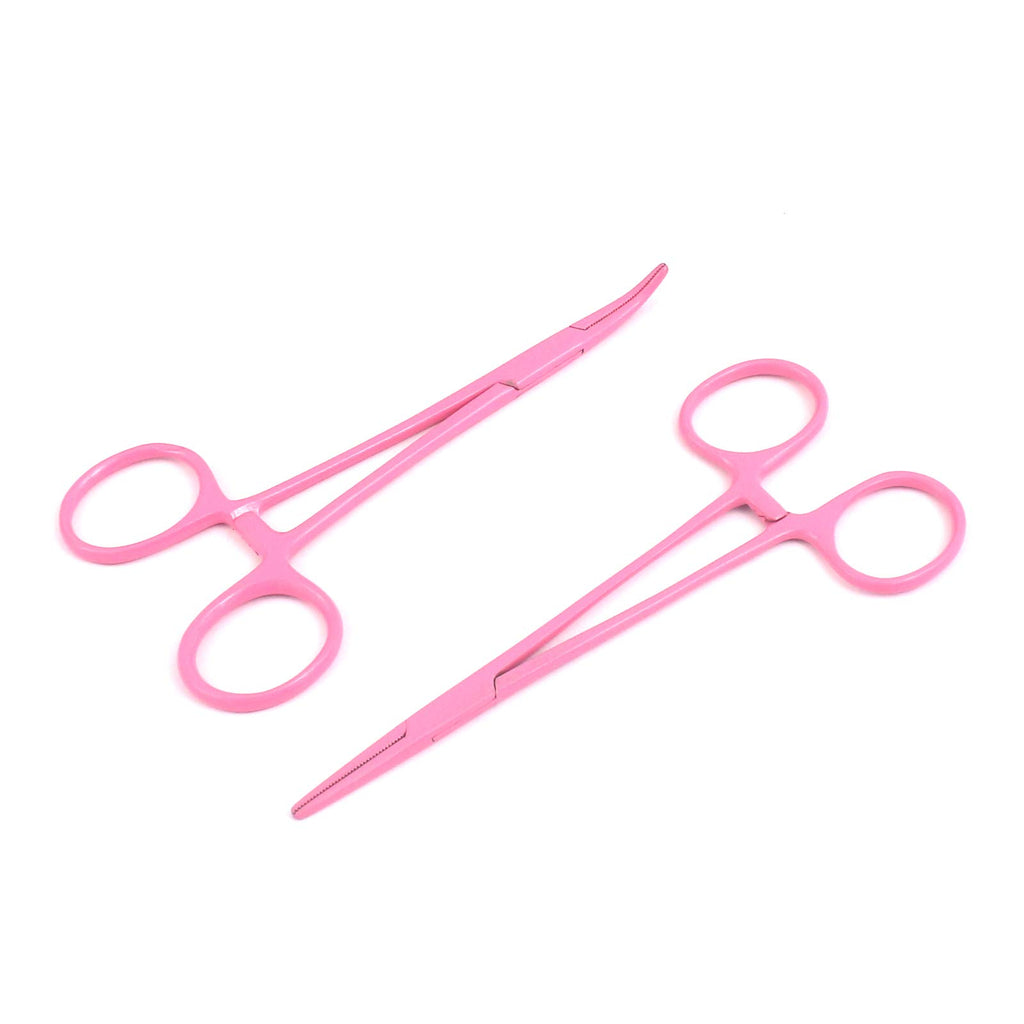AAProTools Lot of 2 Straight & Curved Mosquito Hemostat Forceps Locking Clamps 5" Pink Color Stainless Steel