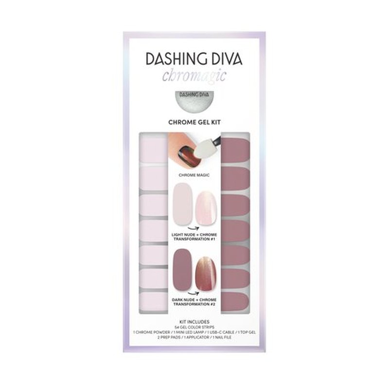 Dashing Diva Chromagic Gel Nail Strips - Bare to Beam - Easy UV Free, Chip Resistant, Long Lasting Gel Nail Stickers and Chrome Powder