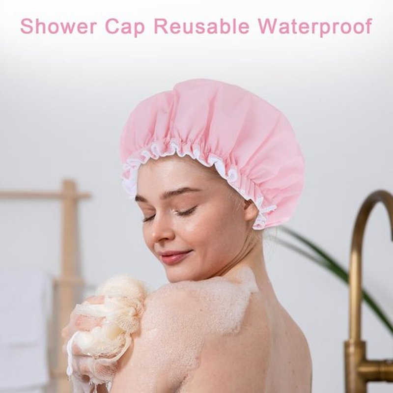 Skiennix Reusable Shower Cap - Waterproof Terry Cloth Lined Design | Double Layer, Pink for All Hair Lengths