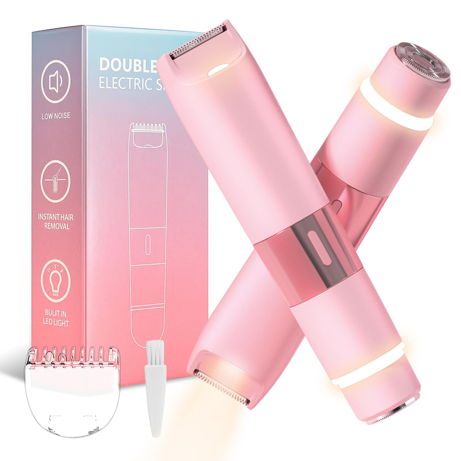 Bikini Trimmer for Women - 2 in 1 Electric Razors for Women Painless IPX7 Waterproof Rechargeable LED Dual Head Electric Shaver for Lady Bikini Underarm, Body, Leg, Face Hair Remove (Pink)