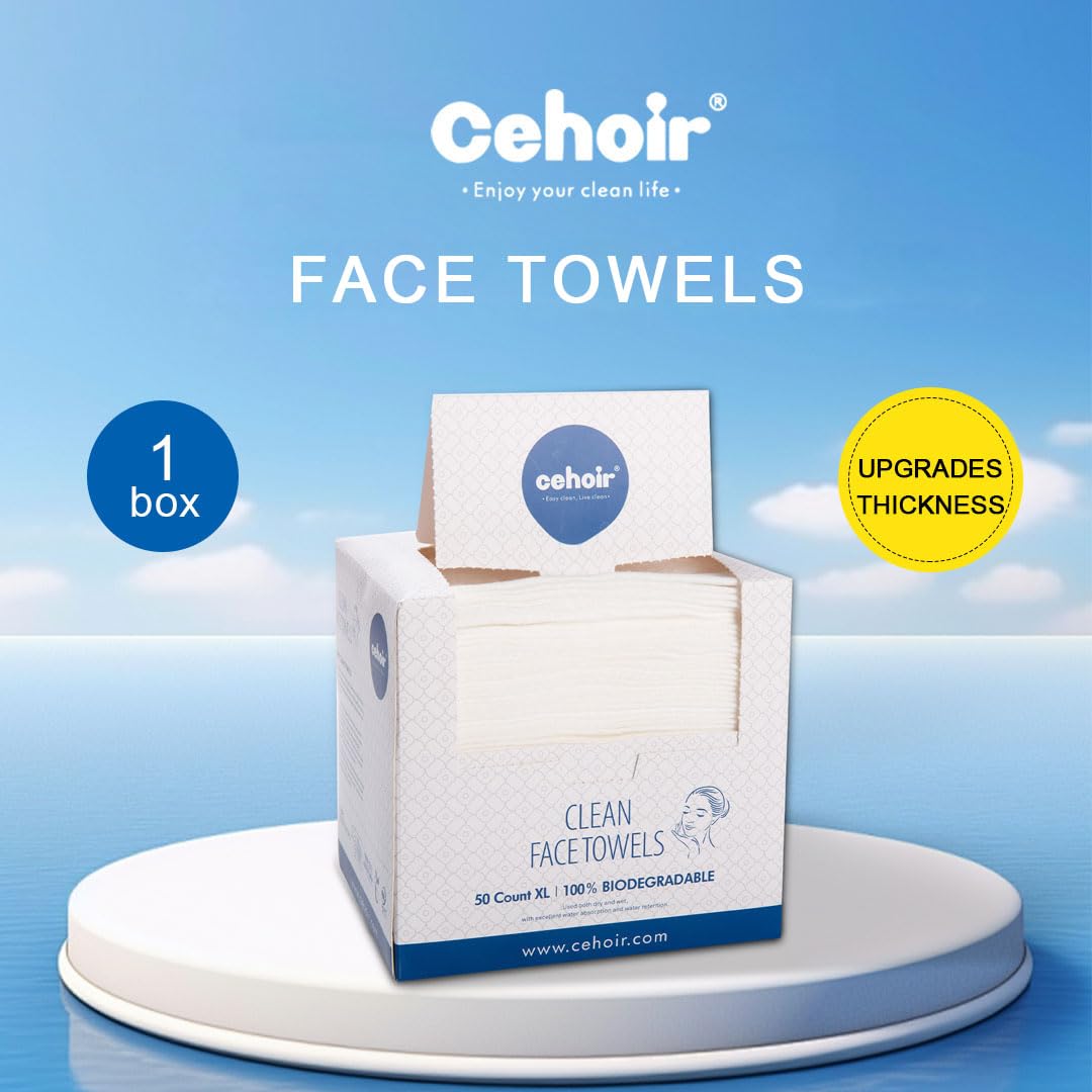 Cehoir Face Towels,Super Soft and Thickness XL:10x12 inches,Lint-Free Biodegradable Towels,Disposable Face Towel,Makeup Remover Dry Wipes,Clean Face Cloths for Sensitive Skin.(1 pack (50 counts))…
