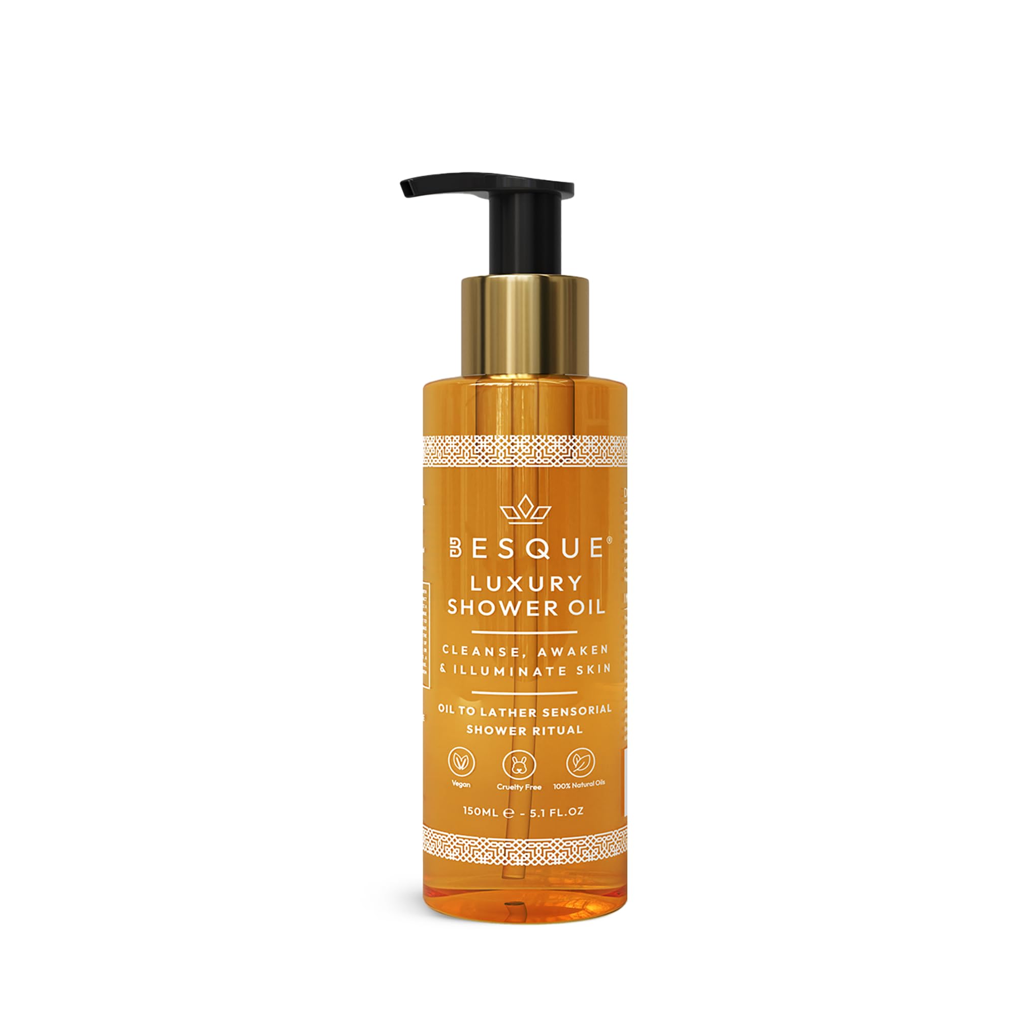 Besque Luxury Shower Oil, 5.1 FL OZ, Natural Hydrating Body Wash for Women with Sweet Almond, Rosehip & Evening Primrose & Vitamin E, Gentle Oil Cleanser for Sensitive, Dry & Aging Skin - Pack of 1
