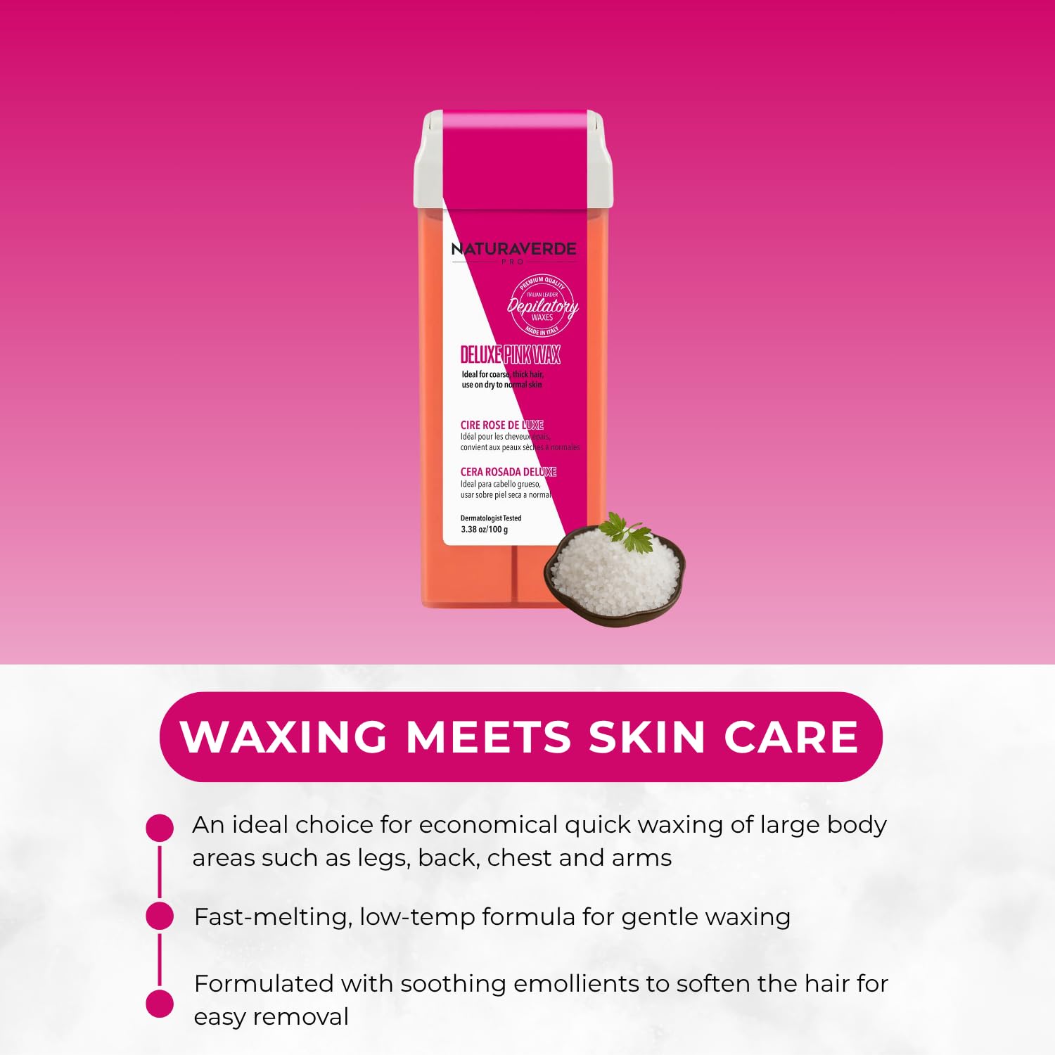NaturaverdePro Deluxe Pink Roll On Wax for Hair Removal on Legs, Arms, Chest, Body Wax Hair Remover for Women, Formulated with Soothing Emollients - 3.38 oz