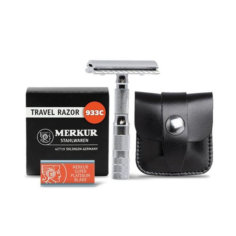 MERKUR 933C Travel Safety Razor - Compact Three-Piece Design with Leather Case, Chrome Finish