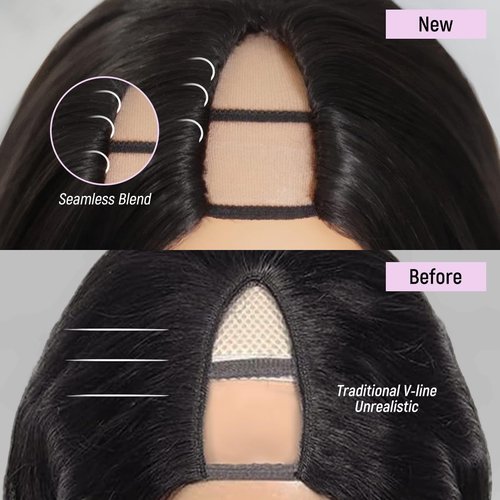 mscoco V Part Wig Human Hair Burmese Curly Glueless Wigs Human Hair Clip In Upgrade U Part Human Hair Wig with Drawstring 180% Density Natural Black 16inch