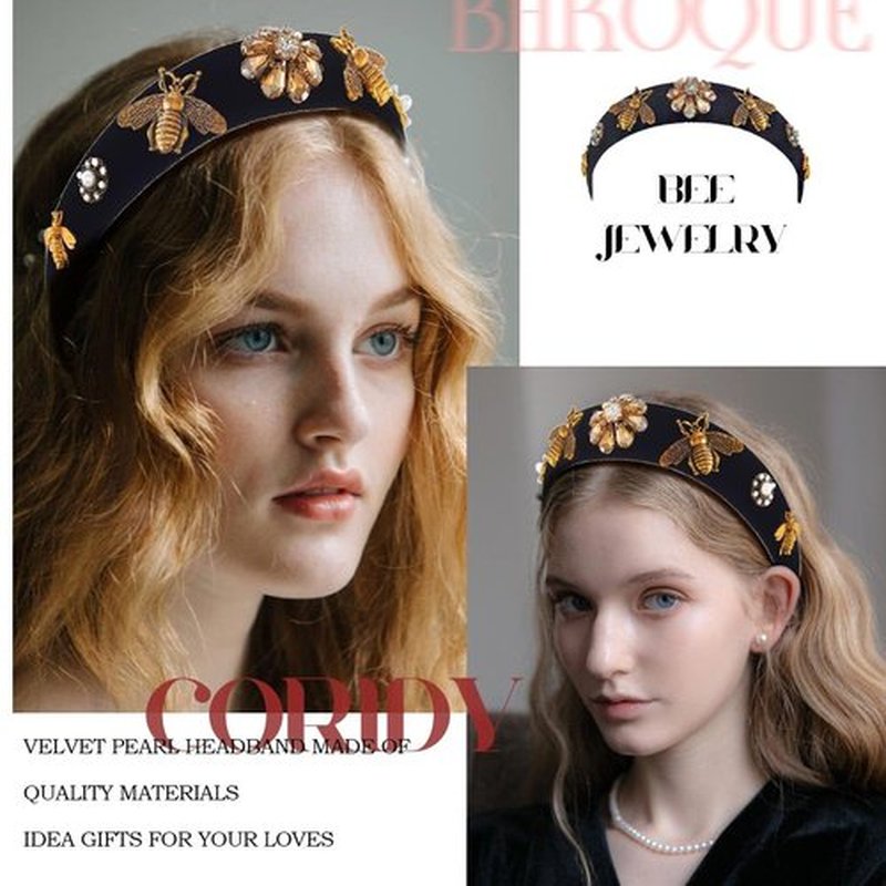 Coridy Black Baroque Headband Pearl Rhinestones Hairband with Beaded Hair Ties Handmade Velvet Hair Hoop Wide Head Band for Women (Bee)