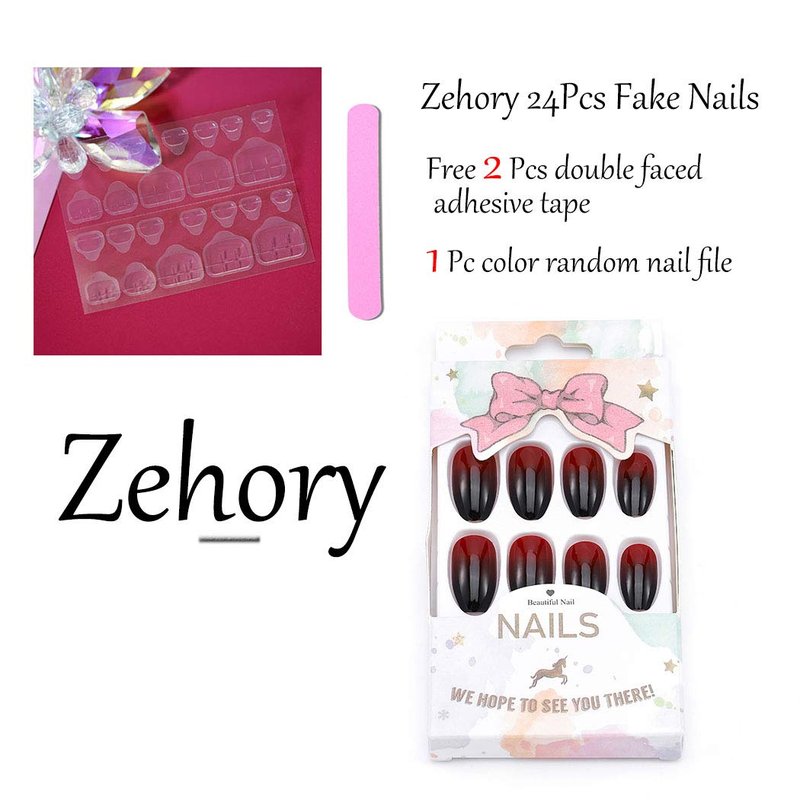 Zehope Glossy Press on Nails Black Coffin Fake Nails Halloween Ombre Full Cover Acrylic False Nail for Women and Girls (24Pcs) (Red Black)