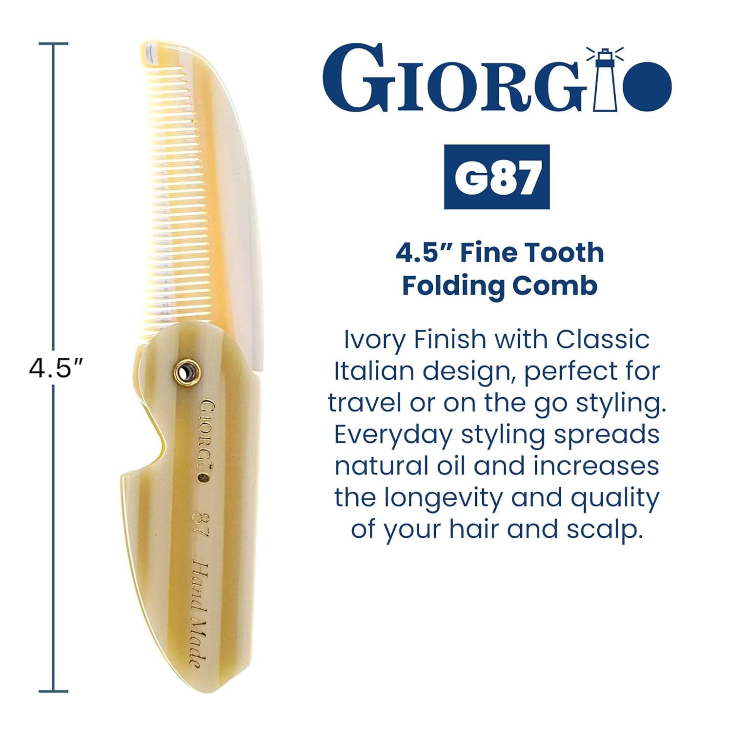 Giorgio G87 Folding Mustache and Beard Comb, Small Pocket Comb for Men Everyday Grooming and Hair Care. Handmade, Saw-cut and Hand Polished Styling Men's Folding Combs. Ivory 4.5 Inch