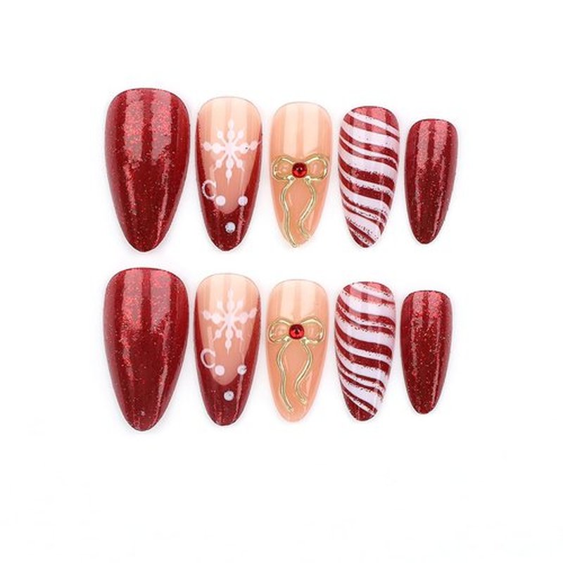 Long Stiletto Press on Nails Red Glitter French Christmas Fake Nails 3D Bow with Rhinestones Design Winter Xmas Acrylic False Nail Snowflake Glue on Nail Candy Stripes Stick on Nails for Women 24Pcs