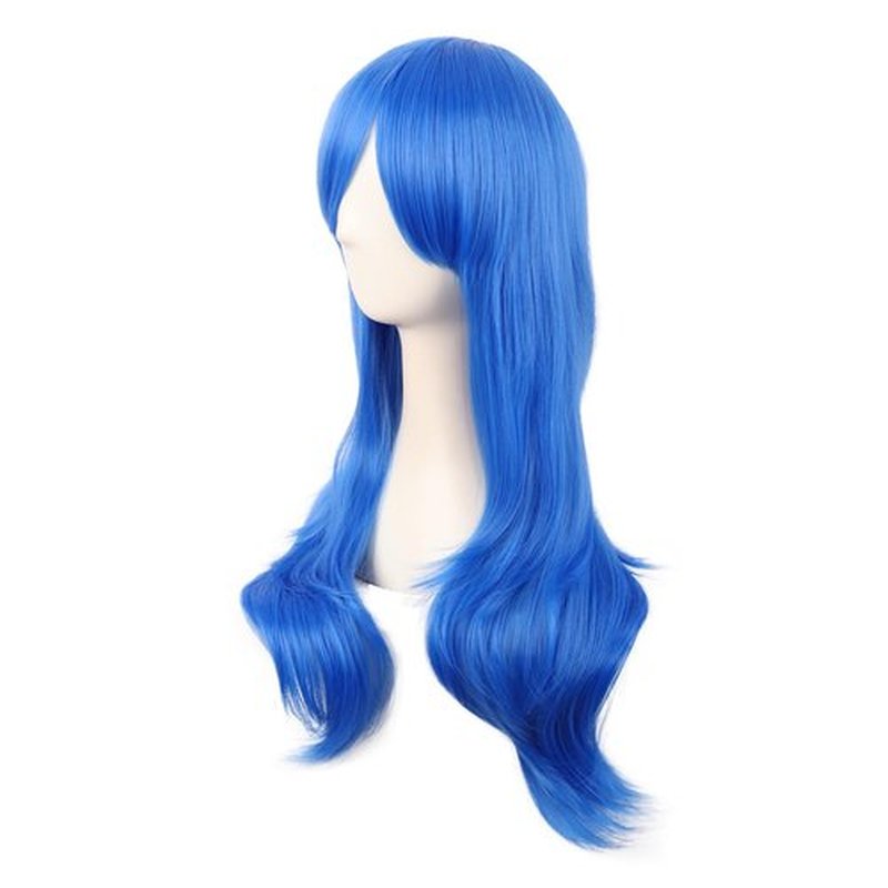MapofBeauty 28 Inch/70 cm Women Side Bangs Long Curly Hair Cosplay Synthetic Wig (Bright Blue)