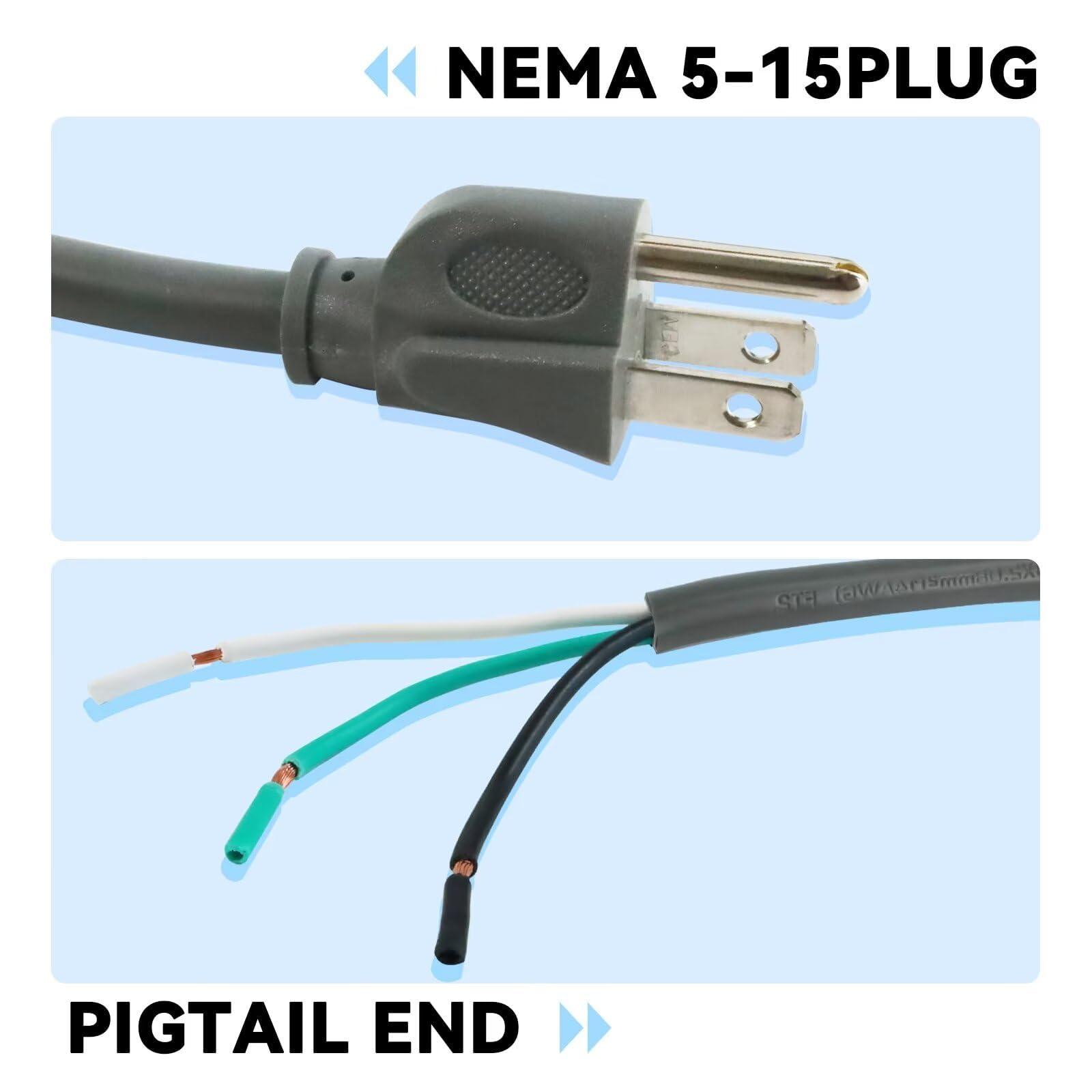 FSTSN 2 Pack 12 ft 14/3C Appliance/Tool Extension Replacement Power Cord, 14 Gauge 3 Prong Replacement Power Supply Cord Cable, 110V 115V 120V AC Pigtail, 15A, 1875w Grey