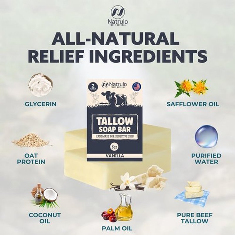 Beef Tallow Soap Bar – All Natural Grass Fed Tallow Soap Vanilla – Moisturizing Face & Body Wash Great for Eczema, Dry, Itchy, Sensitive Skin – Handcrafted Bath Soap for Adults, Kids, Made in USA