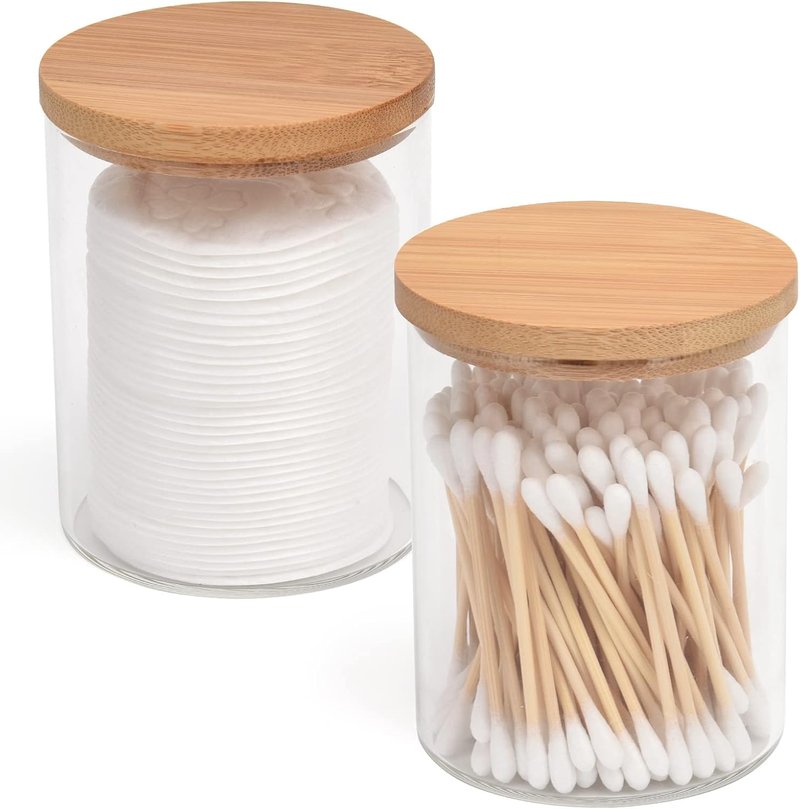 BKYFPQ Glass Qtip Holder Dispenser Set - Stylish Apothecary Jars with Lids | Makeup & Bathroom Organizer