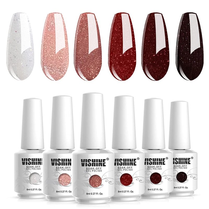Vishine Gel Nail Polish Set, Dark Red Burgundy Red Glitter Misty Pink Gel Polish Soak Off UV Nail Lamp LED Cured, Nail Art Design for Christmas New Year Holiday Gifts 8ml