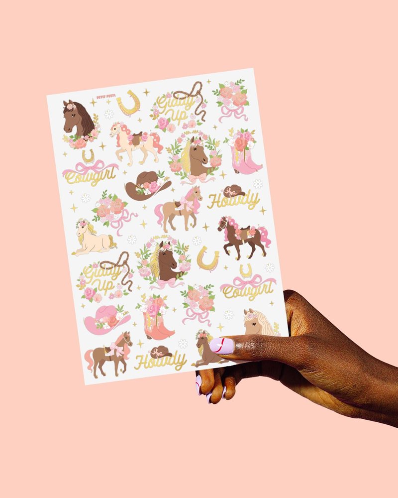 xo, Fetti Pink Horse Girl Temporary Tattoos - 52 Gold Foil Pcs | Cute Cowgirl Birthday Accessory, Pony Bachelorette Party Favor, Cute Kids Activity