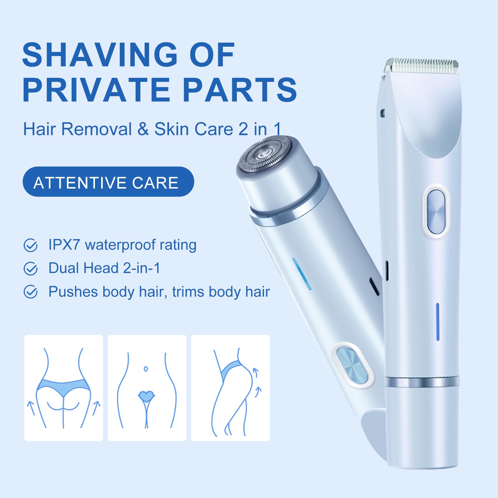 Dermave Bikini Shaver,Bikini Trimmer for Women,2 in 1 Dual Head Waterproof & Painless Electric Razors for Pubic Hair(Blue)