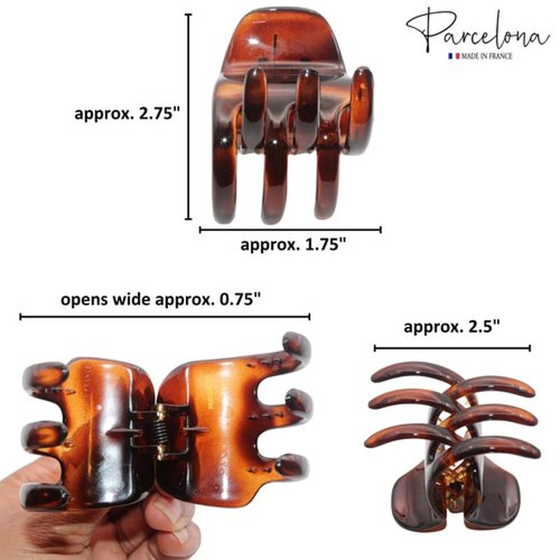 Parcelona French Classic Large Pony 1.75" Celluloid Non Slip Jaw Hair Claw Clips Fashion Durable Styling Women Hair Accessories, Made in France (Tortoise Shell and Black)