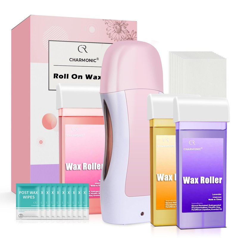 Roll On Wax Kit, Portable Wax Roller Kit for Coarse/Fine Hair Removal, Beginners Waxing Roller for All Skin Types with 3 Pcs 100g Roll Cartridge, 100 Non-Woven Strips & 10 After Oil Wipes (F3_Pink)