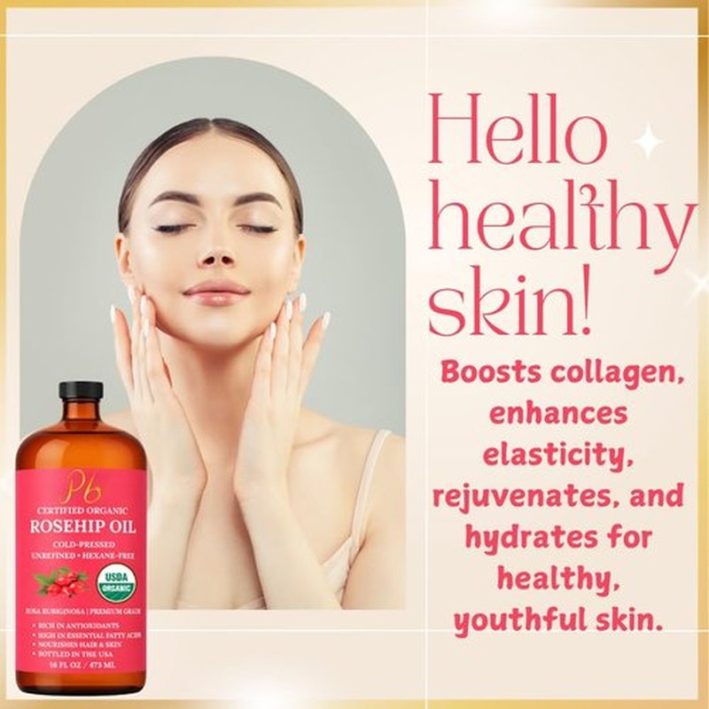 Pomberries Rosehip Seed Oil for Face, Skin & Hair – 100% Pure, Cold-Pressed & Unrefined USDA Organic Rosehip Oil – Helps Reduce the Appearance of Fine Lines & Wrinkles – 16 fl oz Glass Bottle