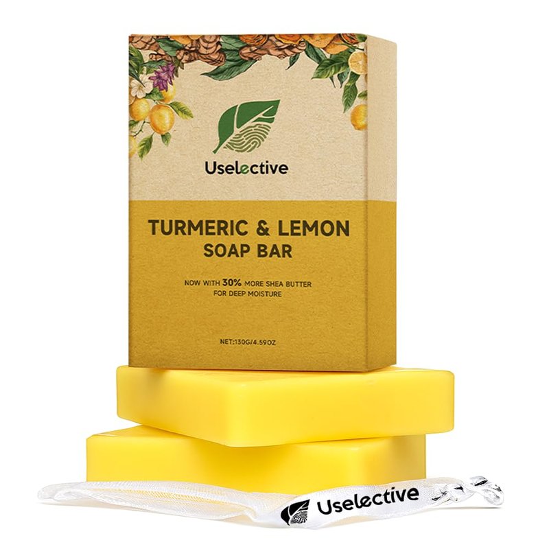 Uselective 2 Pack Lemon & Turmeric Soap Bar for Dark Spots - Powered by Kojic Acid & Vitamin C and Deeply Moisturizing with Shea Butter - SLS Free