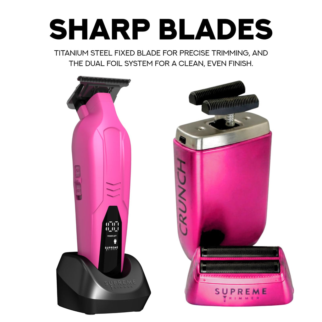 Supreme Trimmer Vader Trimmer & Crunch Foil Shaver Barber Haircutting Kit | Professional DLC T-Blade Beard Trimmer & Waterproof IPX6 Shaver Set | Pink